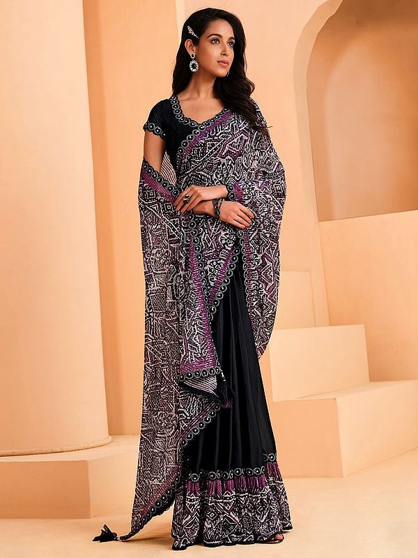 Purple Satin Crepe Silk Sequins Embroidered Saree with Black Blouse