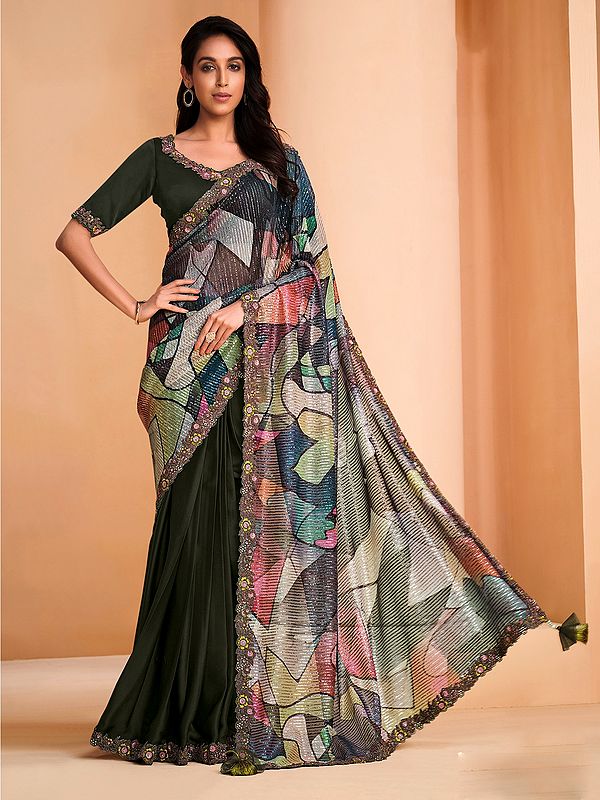 Green Satin Crepe Silk Sequins Embroidered Saree with Taffeta Silk Blouse and Latkan Pallu