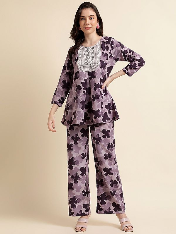 Purple Poly Crepe Four-Leaf Clover Pattern Digital Printed Co-Ords Set with Yoke Embroidered Neck