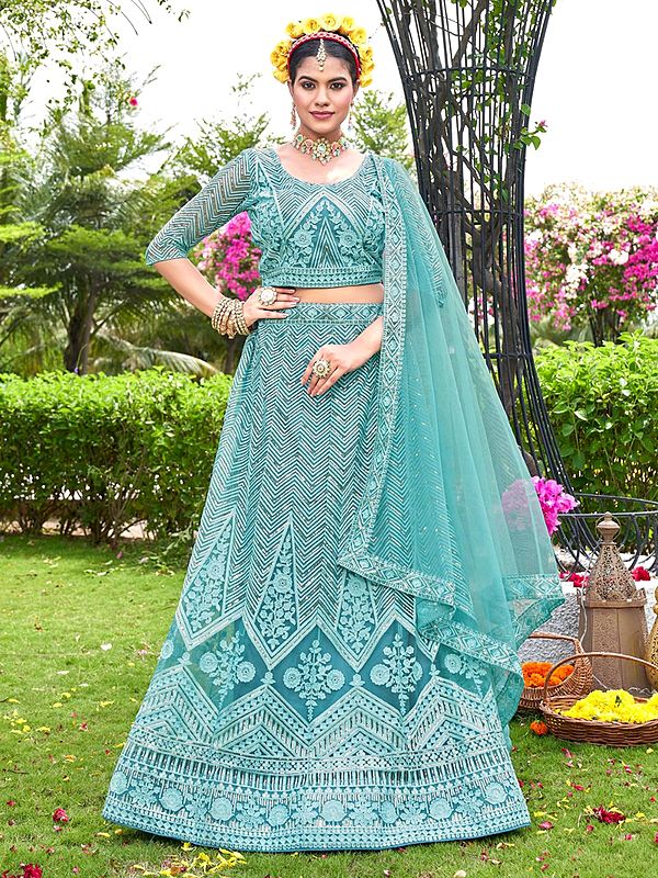 Net Chevron-Floral Pattern Sequins Embroidered Lehenga Choli with Matching Dupatta