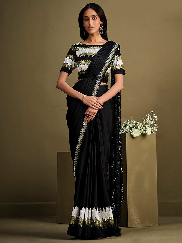 Black Crepe Silk Sequins Embroidered Saree with Japan Polyester Blouse