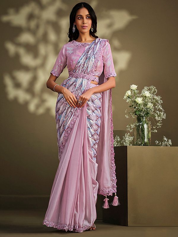 Light-Pink Crepe Satin Silk Floral Pattern Sequins Embroidered Saree with Malai Silk Blouse
