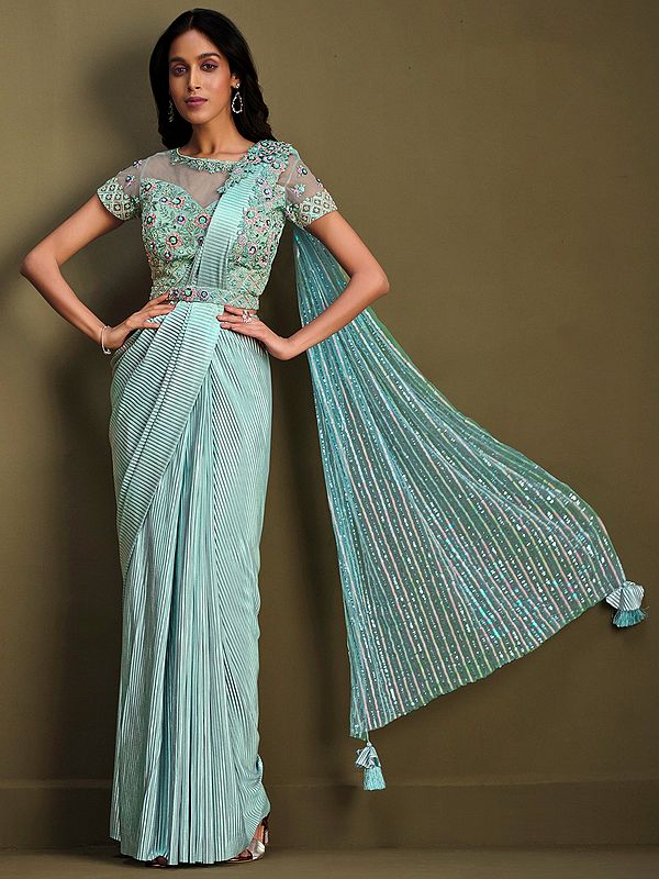 Sky-Blue Fancy Crystal Crepe Saree with Floral Motif Raw Silk Blouse and Sequins Embroidery