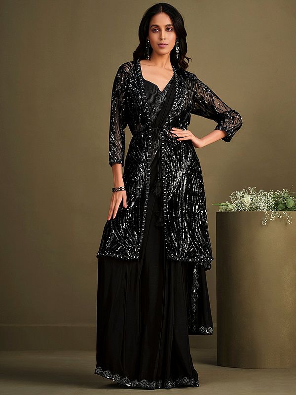 Black Crepe Silk Saree with Blouse and Sequins-Stone Embroidered Net Jacket