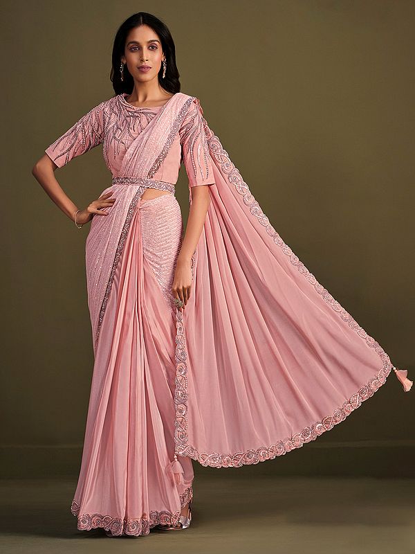 Peach Georgette Crepe Silk Saree with Tapeta Silk Blouse and Sequins Embroidery