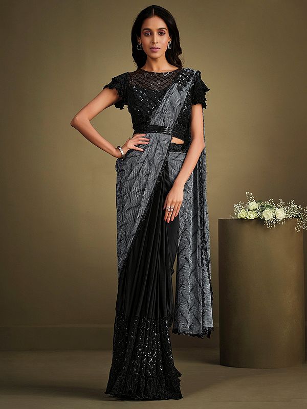 Grey-Black Crystal Crepe Sequins Embroidered Saree with Net Blouse