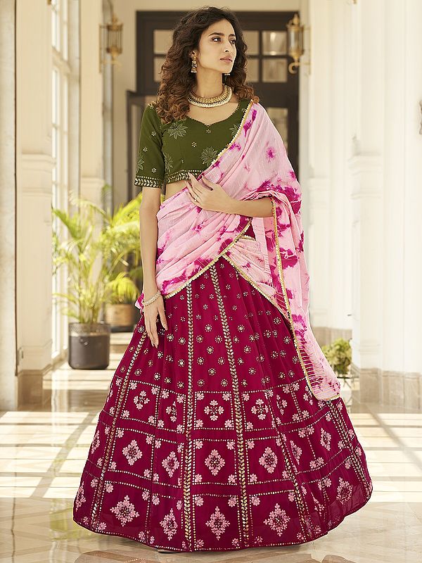 Georgette Lehenga Choli with Thread-Sequins Embroidery and Cotton Dupatta