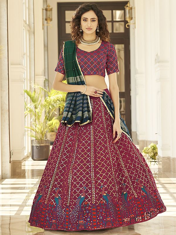 Georgette Peacock Motif Lehenga Choli with Thread-Sequins Embroidery and Cotton Dupatta