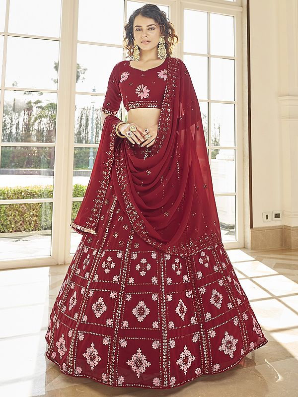 Red Georgette Lehenga Choli with Butta Thread-Sequins Embroidery and Matching Dupatta