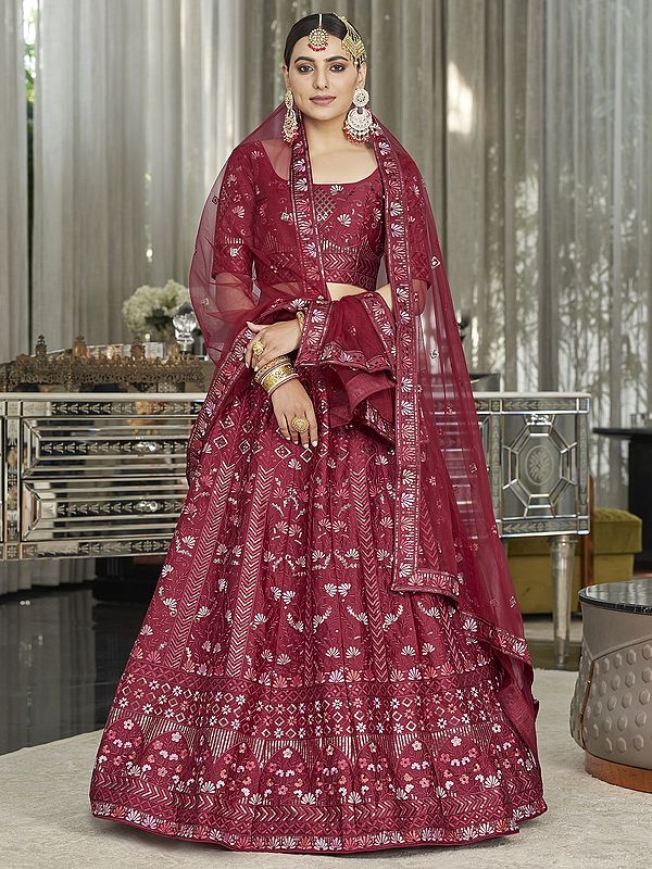 Silk Mughal Motif Lehenga Choli With Thread-Sequins Embroidery And Net Dupatta