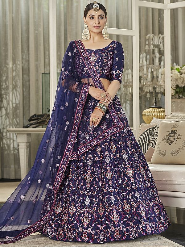 Silk Navy Color Floral Vine Pattern Lehenga Choli With Thread-Sequins Embroidery And Net Dupatta