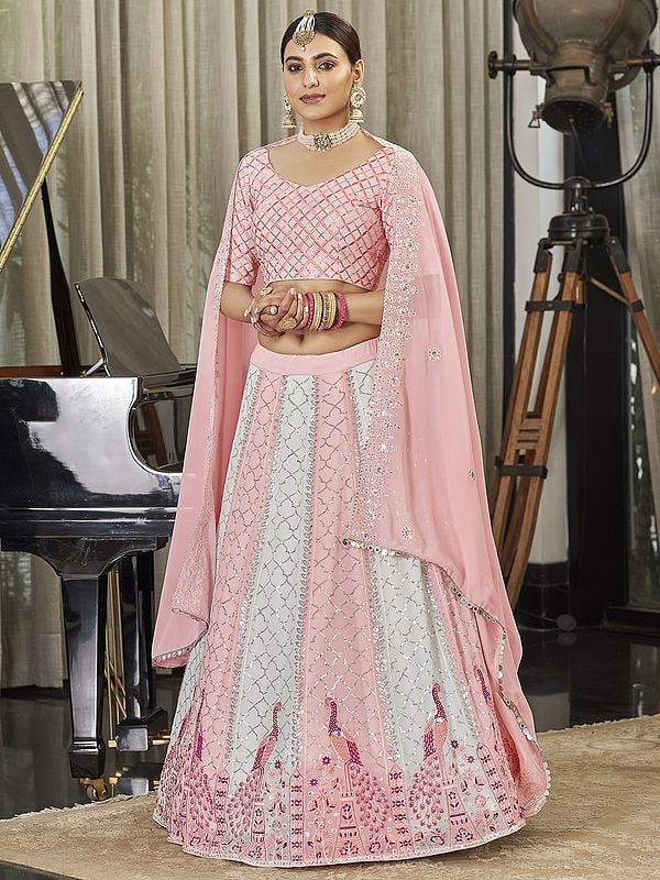 Pink And Syk Georgette Peacock Motif Thread-Sequins Embroidered Lehenga Choli With Net Dupatta
