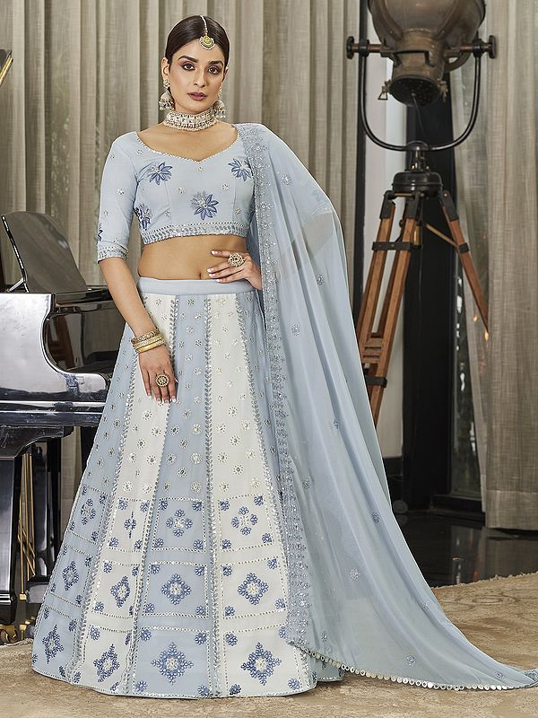 White & Sky Georgette Thread-Sequins Embroidered Lehenga Choli with Cotton Dupatta
