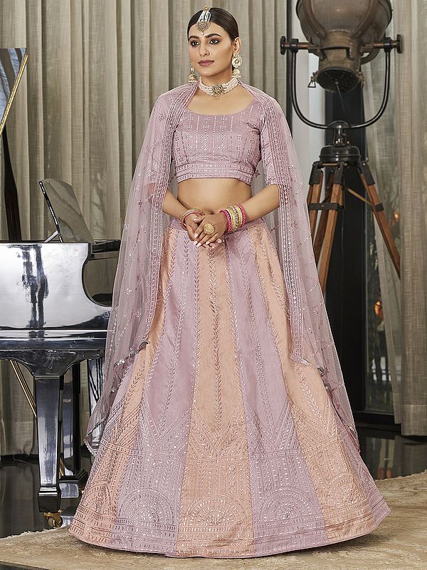Pink & Peach Art Silk Lehenga Choli with Thread-Sequins Embroidery and Net Dupatta