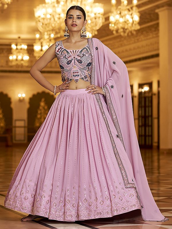 Georgette Pin-Stripe Pattern Lehenga Choli With Thread-Sequins Embroidery With Dupatta