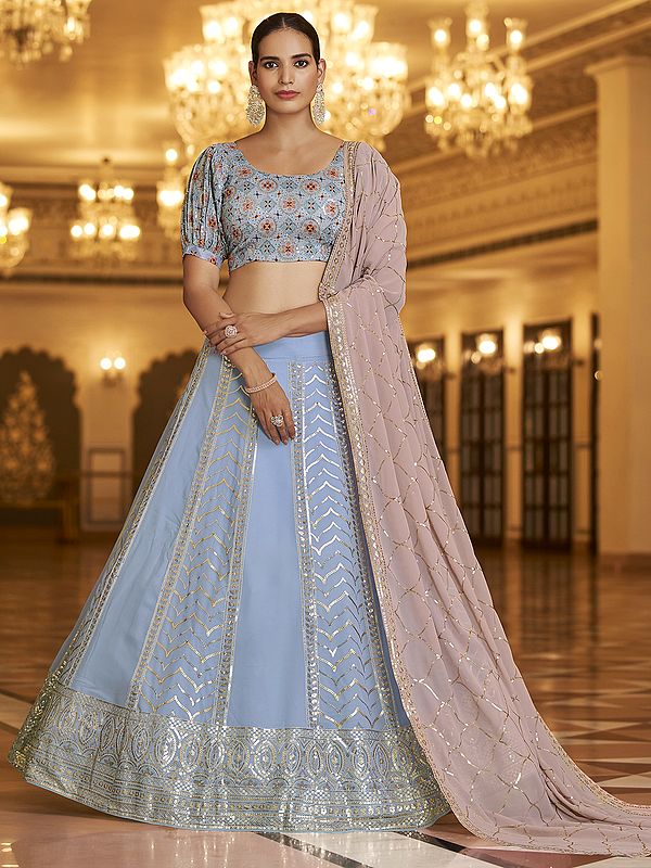 Georgette Sky Color All-Over Thread-Sequins Embroidered Lehenga With Printed Silk Choli And Dusty-Pink Dupatta