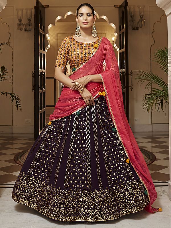 Purple Georgette All-Over Sequins Embroidered Lehenga with Art Silk Choli and Silk Dupatta