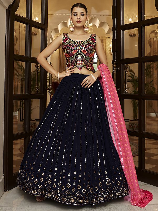 Georgette Navy Color Lehenga Choli With Laddi Pattern Thread-Sequins Embroidery And Cotton Pink Printed Dupatta