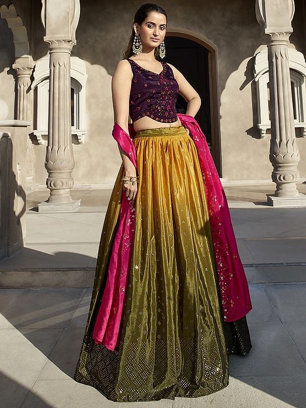 Mustard-Olive Chinon Silk Mirror Work Lehenga with Thread-Sequins Embroidered Wine Choli and Pink Dupatta