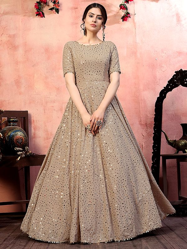Beige Georgette Anarkali Style Gown with All-Over Fancy Golden Sequins Work