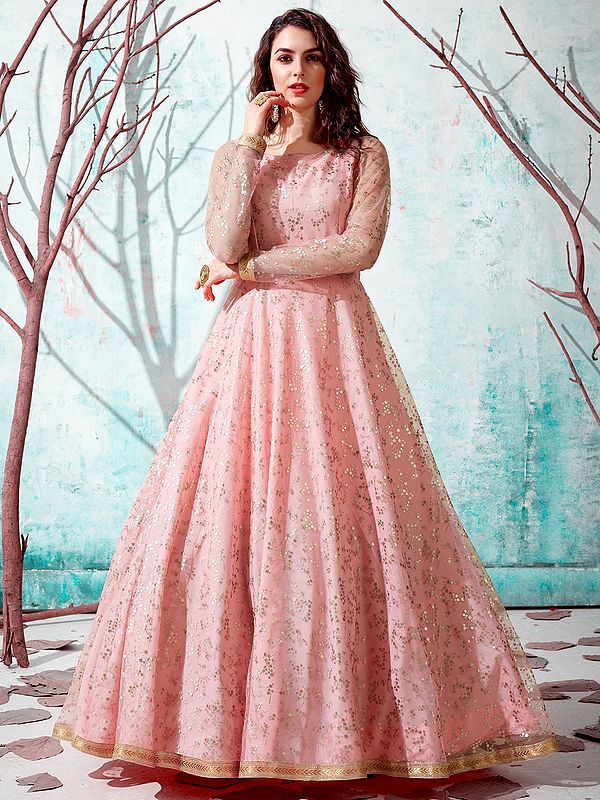 Pink Net Anarkali Style Gown with Metallic Foil Work