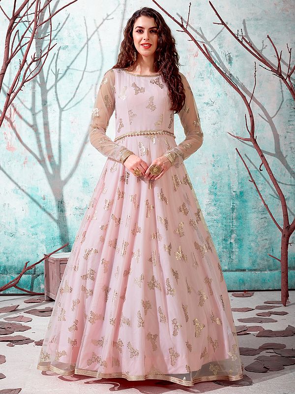 Net Pink Floral Butta Metallic Foil Work Anarkali Style Gown