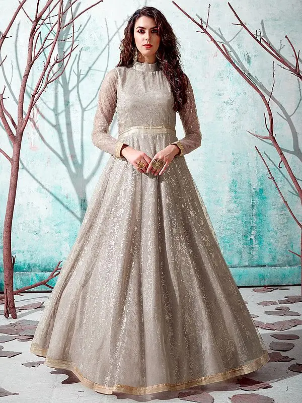 Beige Net Vine Pattern Anarkali Style Gown with Metalic Foil Work