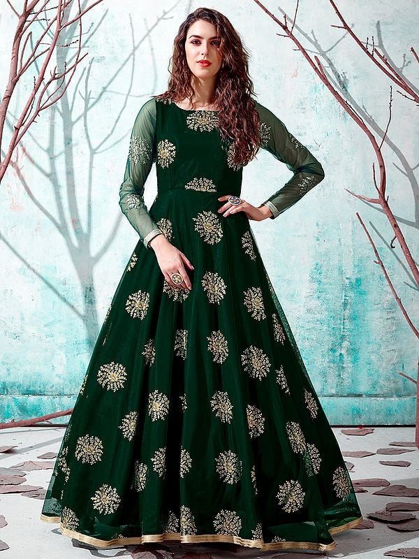 Green Butta Motif Net Anarkali Style Gown with Metallic Foil Work