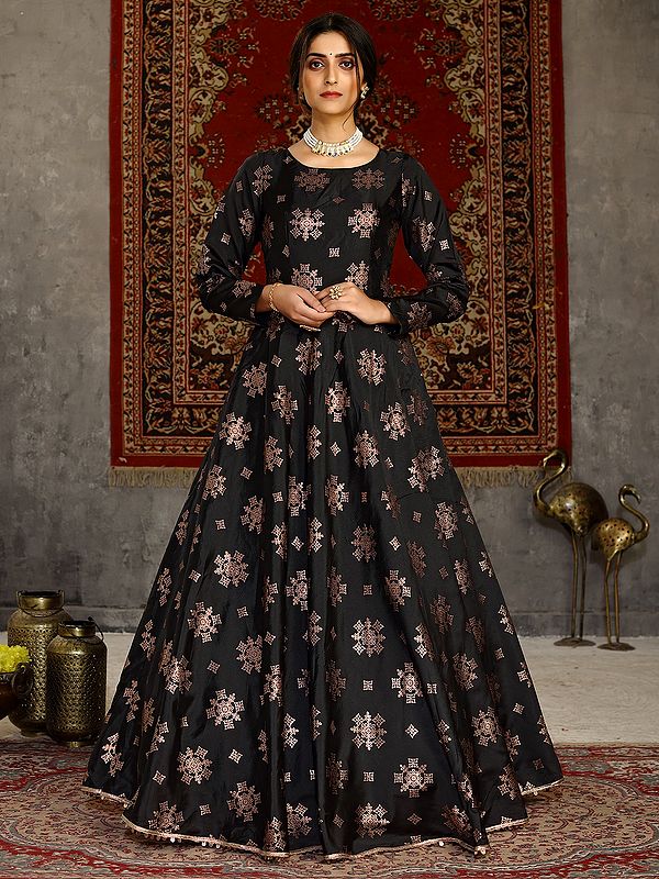 Black Taffeta Anarkali Style Designer Gown with Metallic Foil Work
