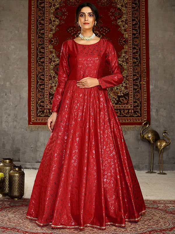Taffeta Red Color Anarkali Style Gown with Rose Floral Motif Metalic Foil Work
