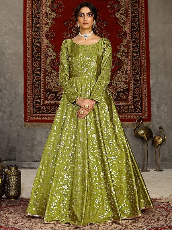 Taffeta Green Color Floral Vine Pattern Metallic Foil Work Anarkali Style Gown