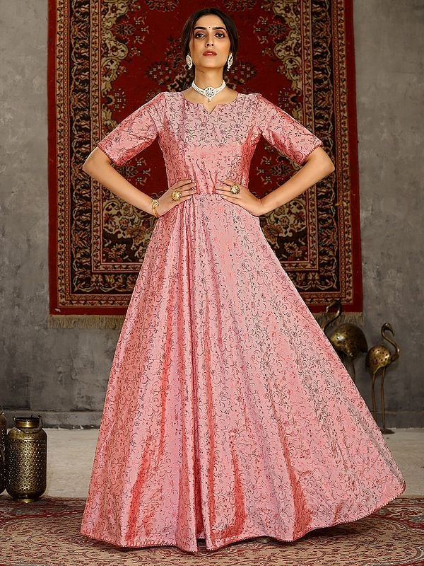 Pink Taffeta Anarkali Style Gown with Floral Metallic Foil Work