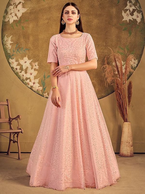 Net Peach Floral Anarkali Style Gown with All-Over Metallic Foil Work