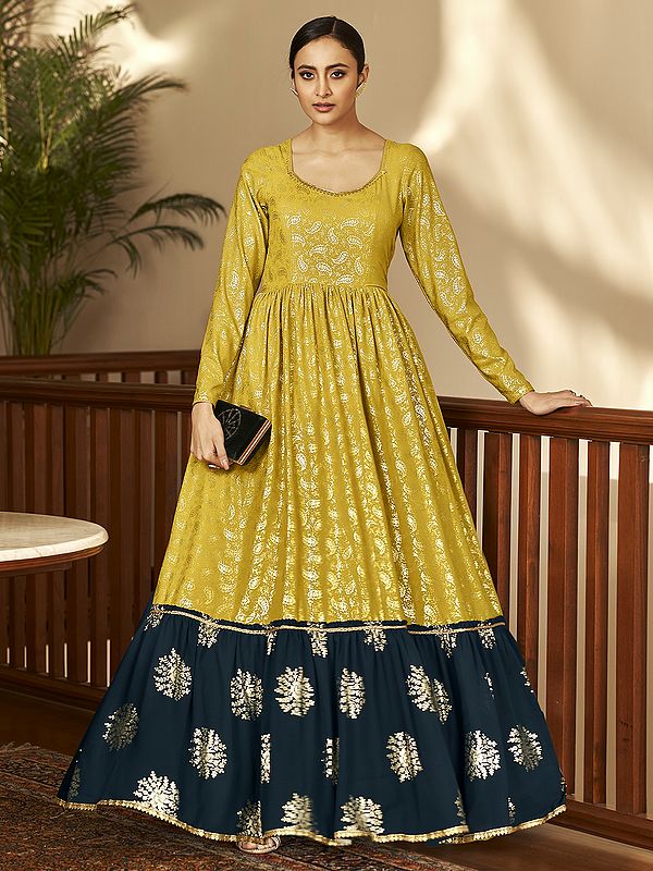 Georgette Floral Motif Anarkali Style Flared Gown with All-Over Metalic Foil Work