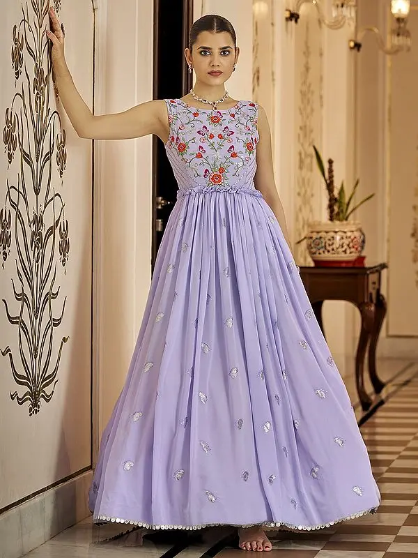 Lavender Georgette Thread-Sequins Embroidered Anarkali Style Gown