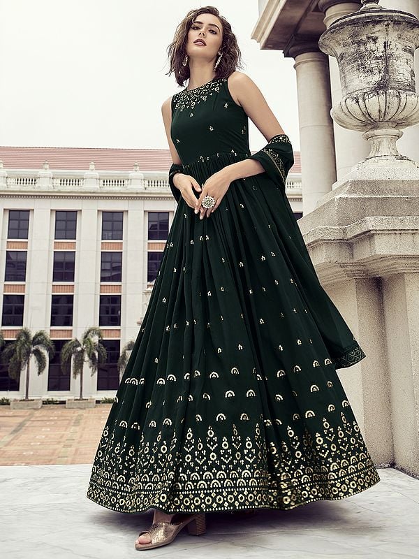 Georgette Thread-Sequins Embroidered Anarkali Style Gown with Matching Dupatta