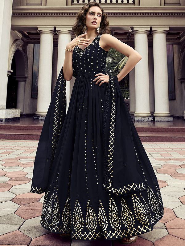 Georgette Laddi Pattern Anarkali Style Gown with Matching Dupatta and Thread-Sequins Embroidery