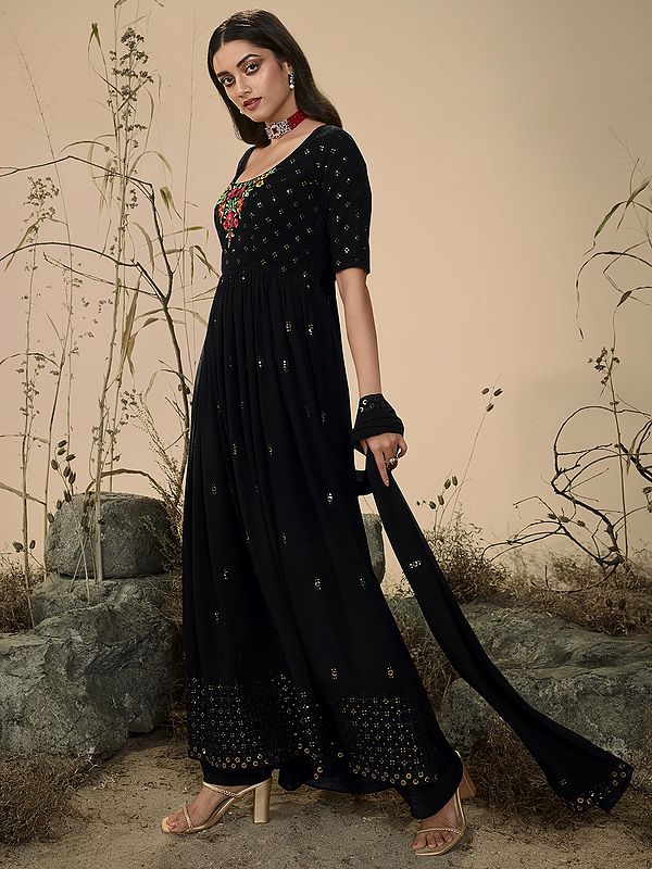 Georgette Butti Thread-Sequins Embroidered Palazzo Salwar Suit with Dupatta