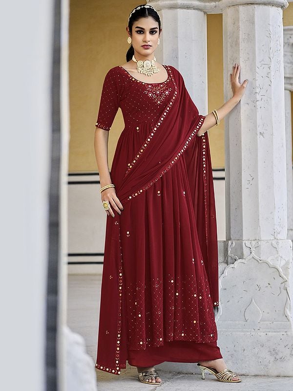 Georgette Mirror, Sequins, Thread Embroidered Anarkali Salwar Suit