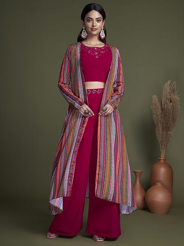 Rani Color Georgette Mirror Embroidered Crop-Top Palazzo Suit and Multicolor Stripes Pattern Chinon Jacket
