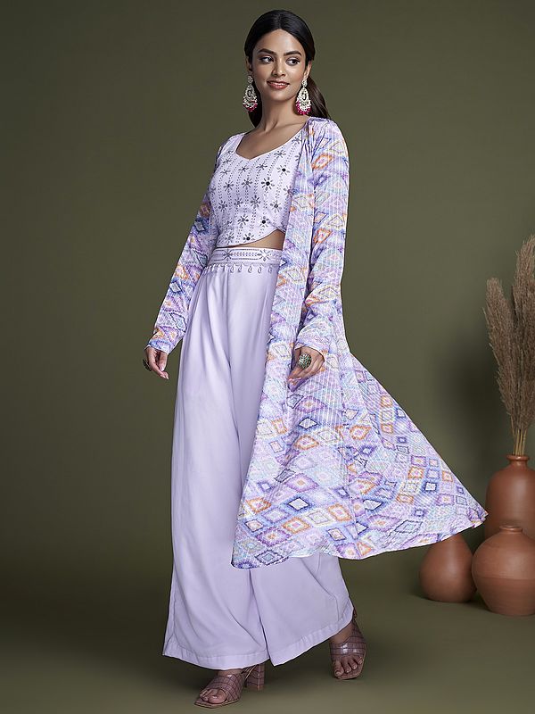 Lavender Georgette Mirror Embroidered Palazzo Crop-Top Suit and Chinon Jacket