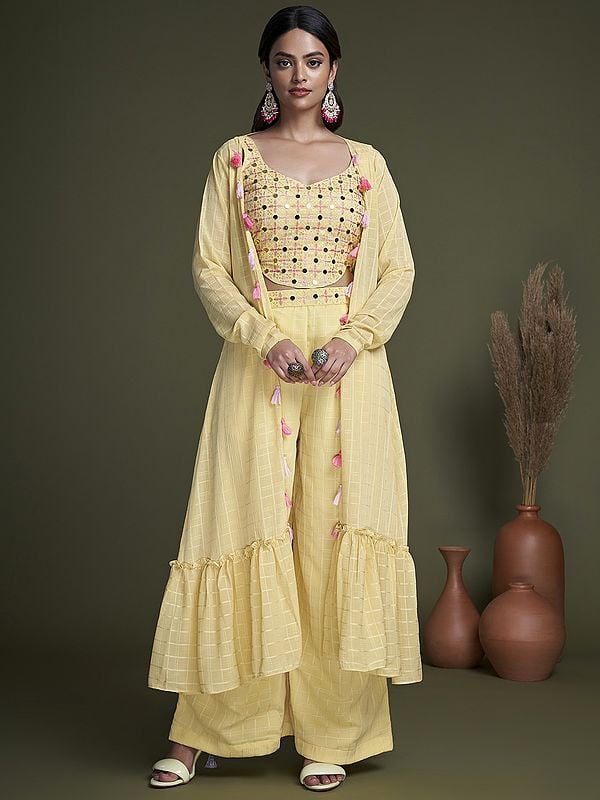Yellow Check Pattern Mirror Embroidered Palazzo Crop-Top Suit and Flared Jacket