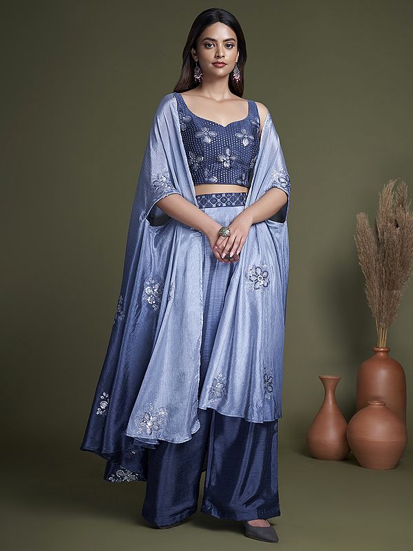 Chinon Ombre Palazzo Crop-Top Suit and Floral Motif Embroidered Jacket