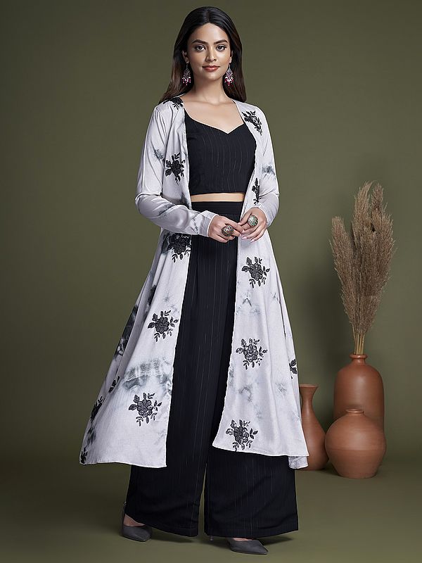 Silk Black Color Plain Palazzo Crop-Top Suit and White Embroidered Jacket