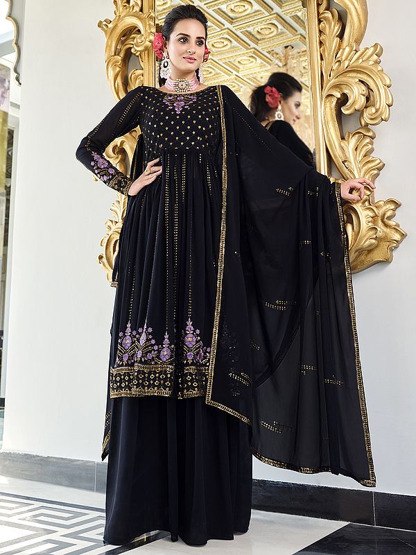 Georgette Sharara Suit with All-Over Floral Thread-Sequins Embroidery and Dupatta