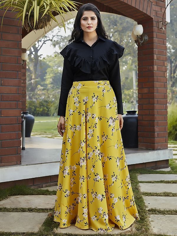 Cotton Crop-Top with Crepe Silk Floral Printed Skirt