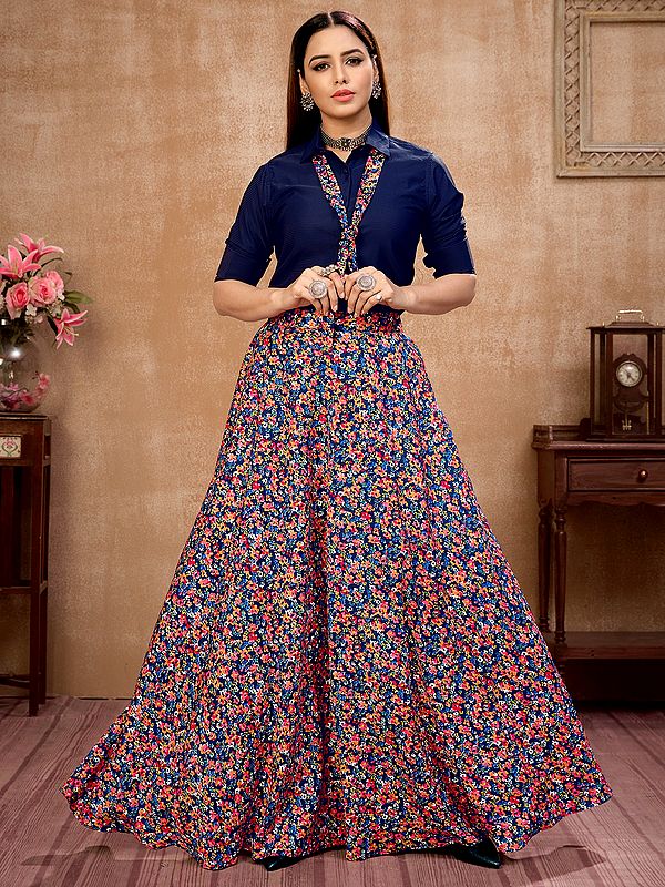 Silk Shirt Style Top With Floral Printed Skirt