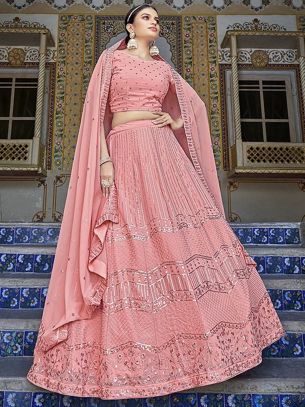 Pink Georgette Lehenga Choli with Thread-Sequins Embroidery and Matching Dupatta