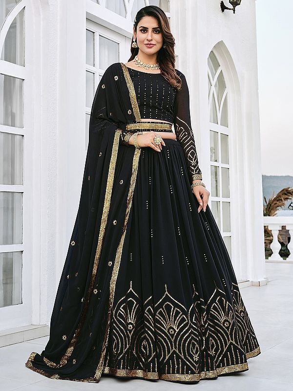 Georgette Designer Lehenga Choli with Thread-Sequins Embroidery and Dupatta