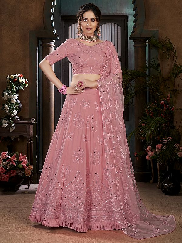 Pink Georgette Lehenga Choli with Thread-Mirror Embroidered Floral Motif and Net Dupatta